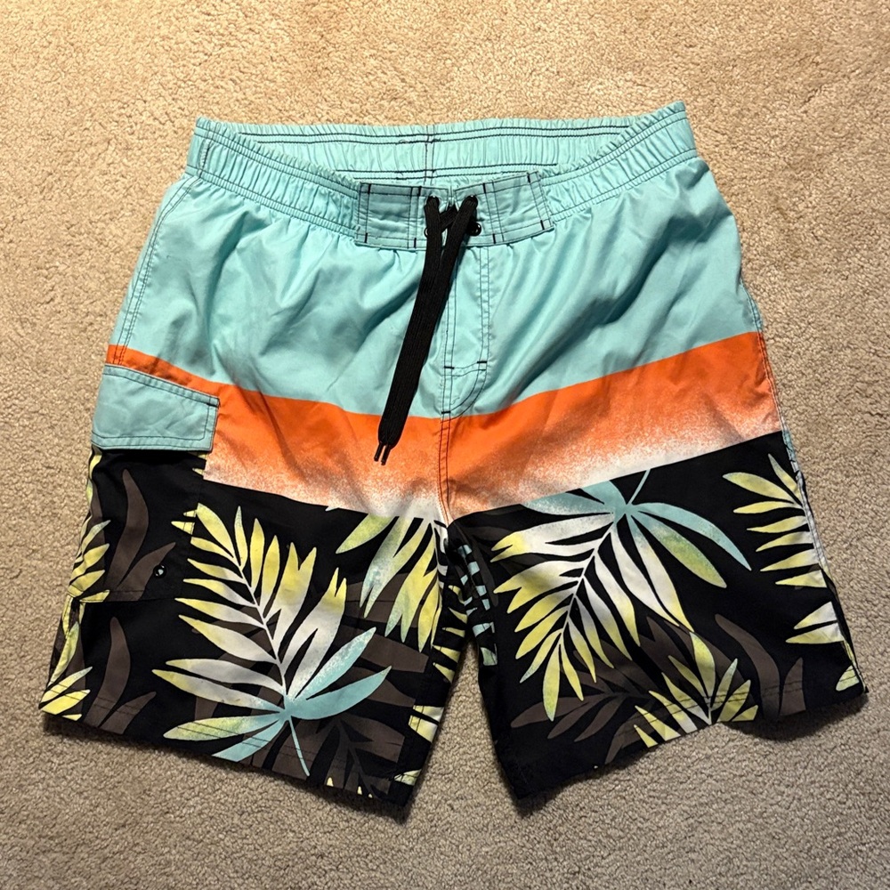 Ariella Aqua and Orange Leaf Print Swim Shorts